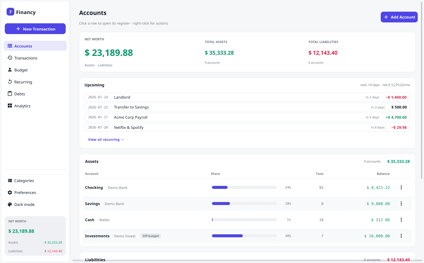 Financy accounts and net worth overview