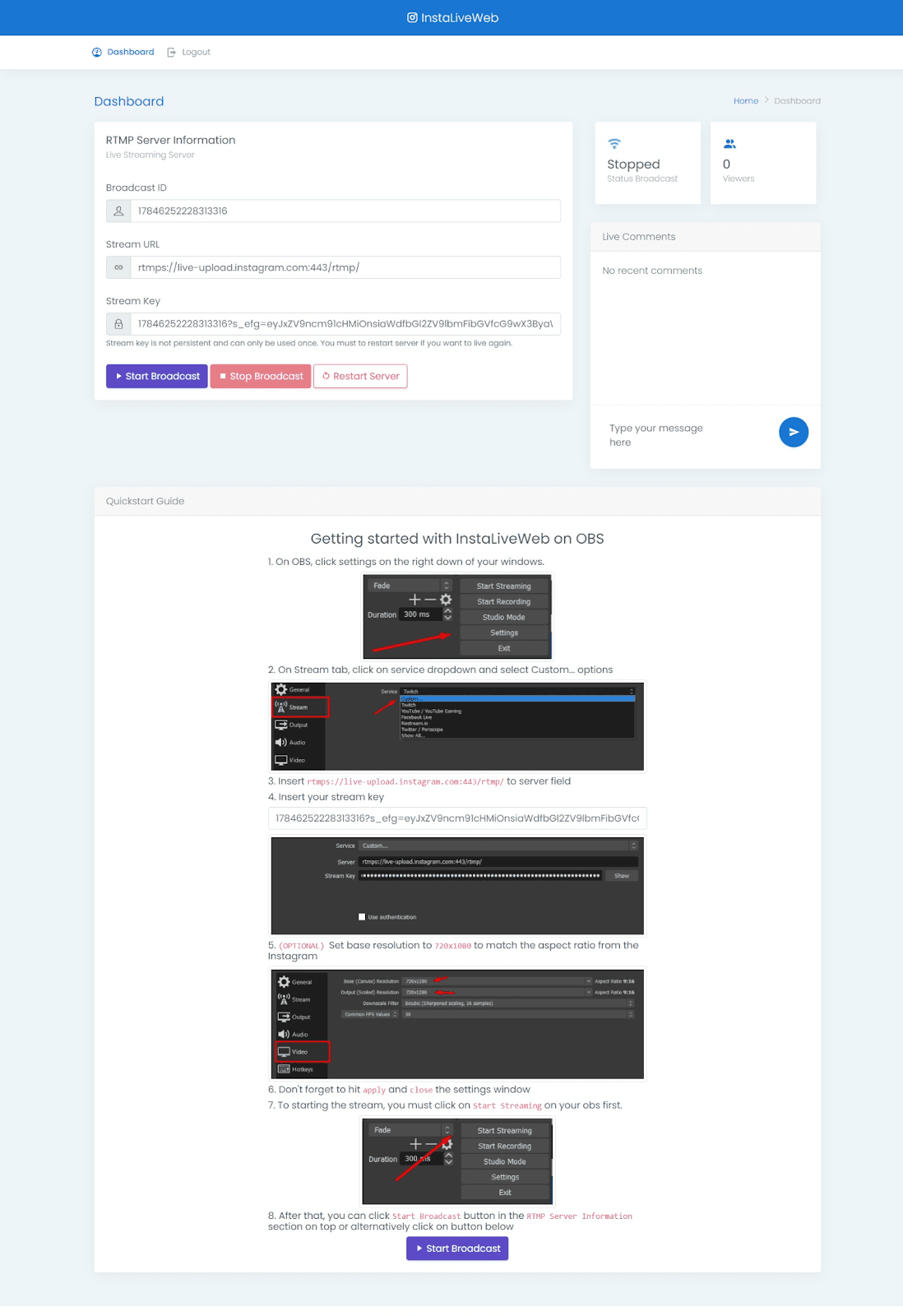 InstaLiveWeb Dashboard Interface