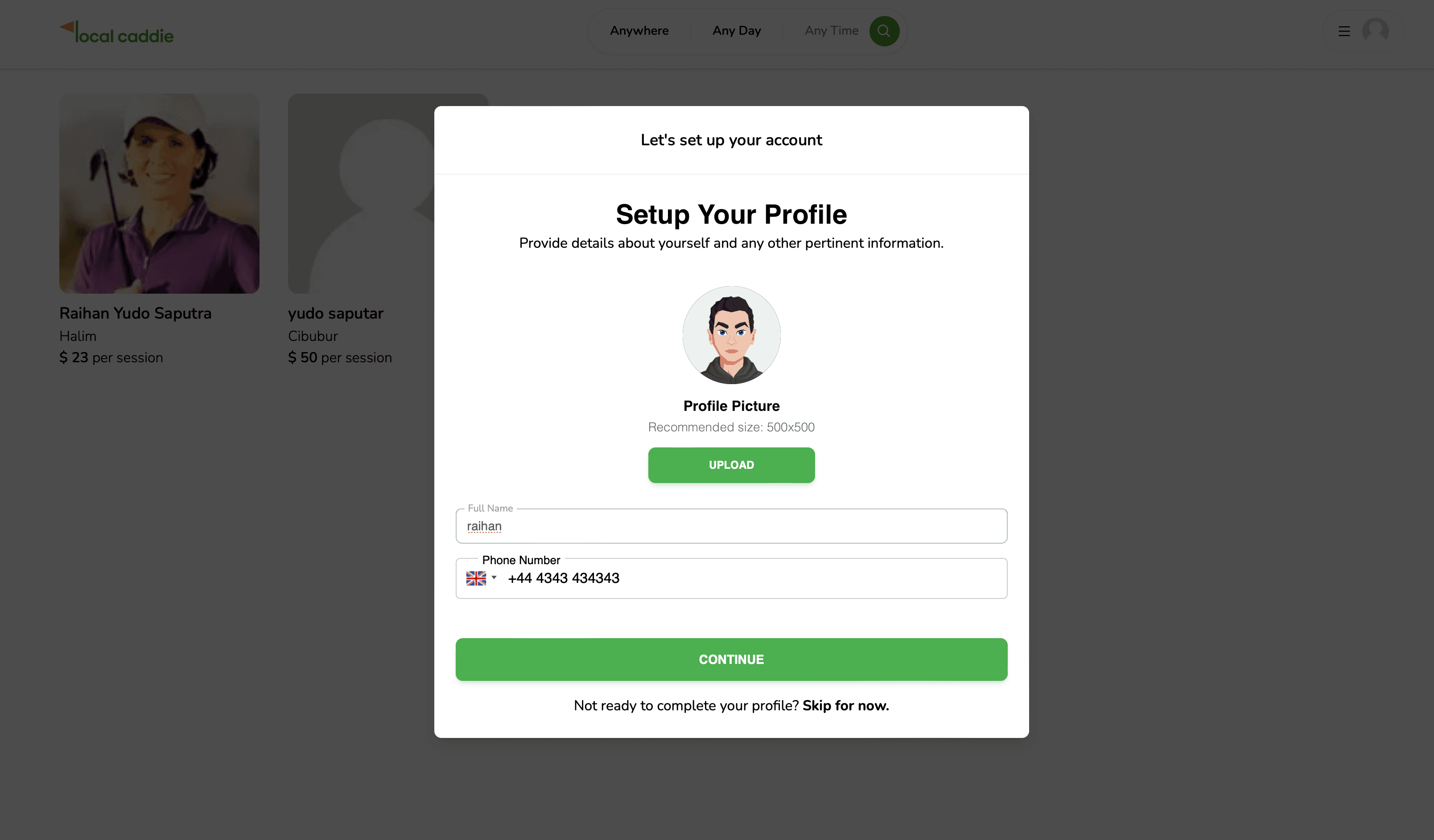 Caddie Profile Page