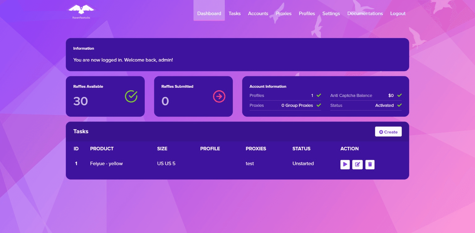 Raven Raffles Dashboard View