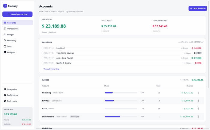 Financy accounts and net worth overview