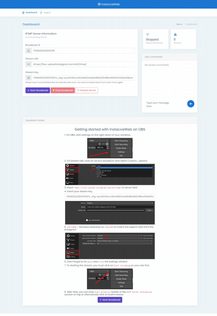 InstaLiveWeb Dashboard Interface