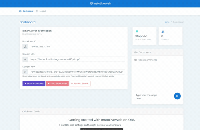 InstaLiveWeb Dashboard